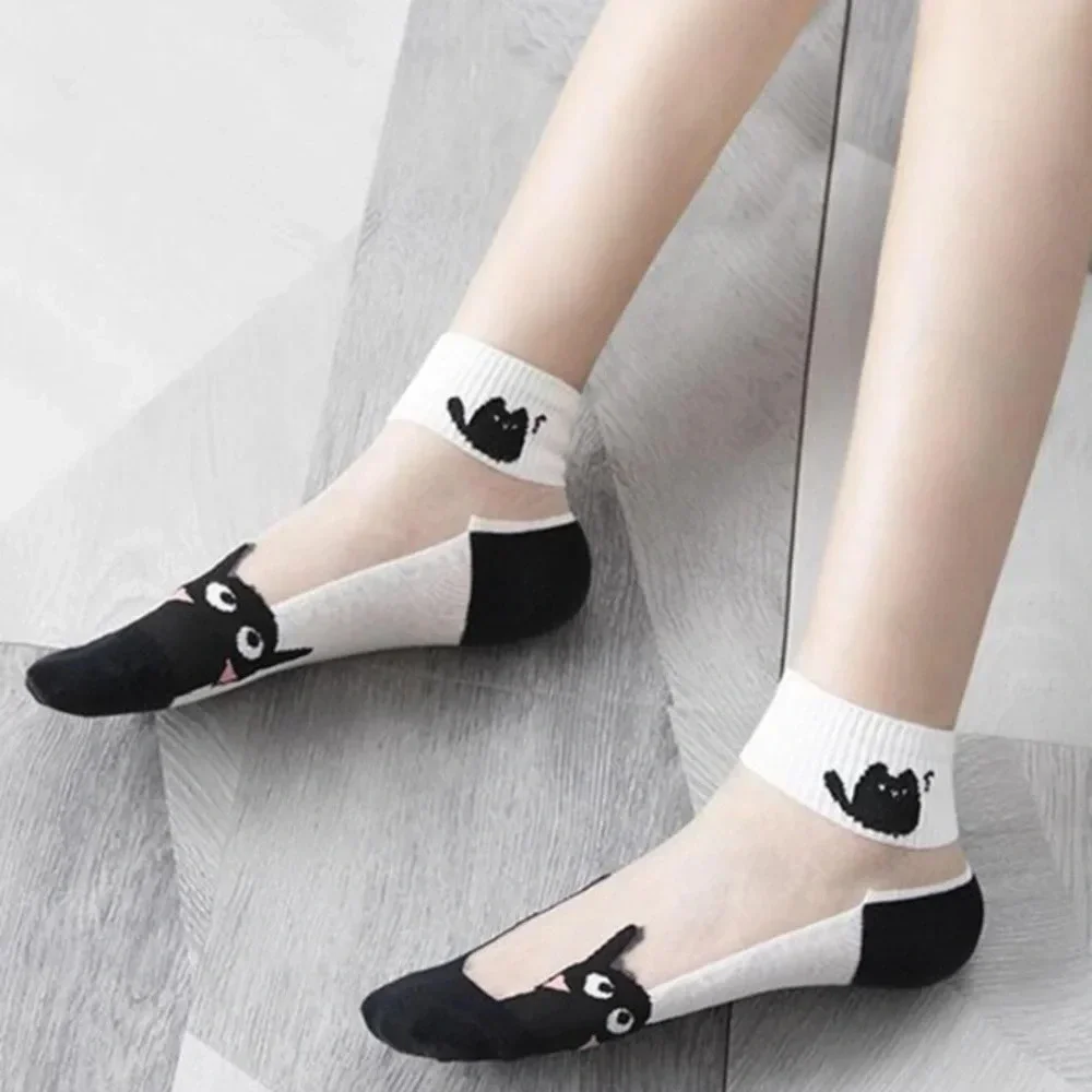 5 pair black white and sheer novelty ladies cat ankle socks cute